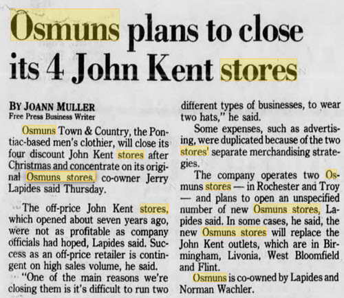 Osmuns Stores - CLOSING JOHN KENT SPINOFF CHAIN IN 1988